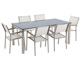 6 Seater Garden Dining Set Black Glass Top with White Chairs GROSSETO