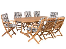 8 Seater Acacia Wood Garden Dining Set Blue Stripes Cushions MAUI
