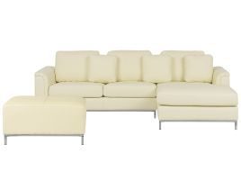Left Hand Leather Corner Sofa with Ottoman Beige OSLO