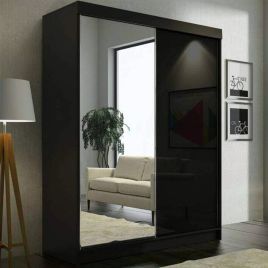 Sliding Wardrobe - TEXAS 2 Door Mirrored Wardrobe Black - 150cm