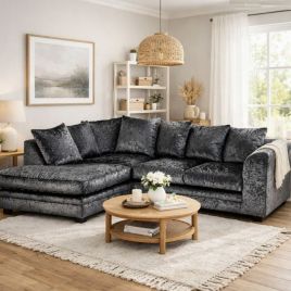 ARABIA Crushed Velvet 4 Seater L Shaped - Left Hand Facing Corner Sofa - Black