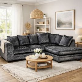 ARABIA Crushed Velvet 4 Seater L Shaped - Right Hand Facing Corner Sofa - Black