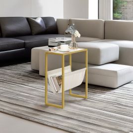KESTRELLE Side Table Slim Gold Narrow Glass End Table with Fabric Holder - Gold