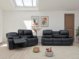 VALERIO Leather 3 and 2 Seater Electric Recliner Sofa Set - Black