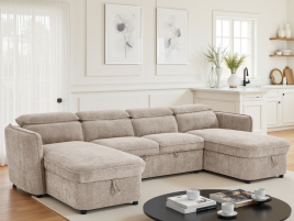 ELVAREN Fabric 4 Seater U Shaped Corner Sofabed - Beige