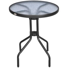 Round Metal Table, Garden Table Tempered Glass-Black 