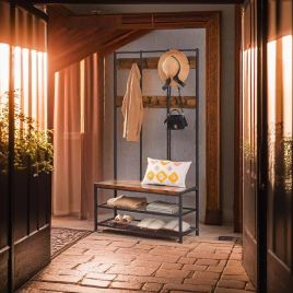 MORVANE Coat Rack Entryway Stand with 12 Hooks and Bench - Rustic Brown and Black