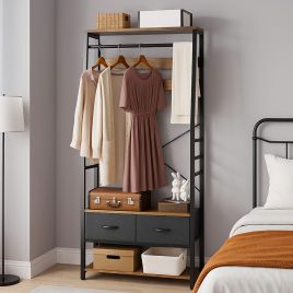 TRIVANTE Coat Rack Stand with Shoe Storage and Bench - Rustic Brown and Black