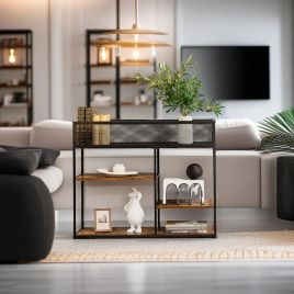 VANTORA Console Table 4-Tier Table with Wire Basket - Rustic Brown