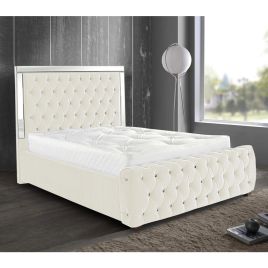 Elegance Plush Velvet Mirrored Bed - Cream in 5 Sizes