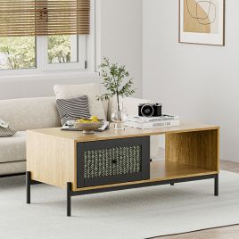 Wooden Indoor Rattan Coffee Table with Storage