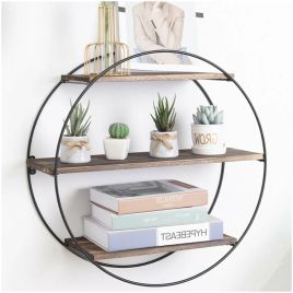 Metal Frame Round Wall Floating Shelves Wooden Shelf Storage - Wood 