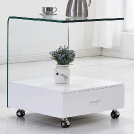 Hove Square Glass Lamp Side Table with High Gloss Drawer - White