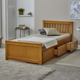 Single Bed - LISSON 3ft Wooden Bed with Storage Drawers Honey