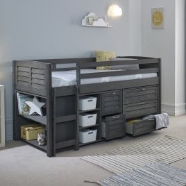 Single Bed - FOZY 3ft Cabin Bed Midsleeper with Storage Drawers and Shelves Grey - Left