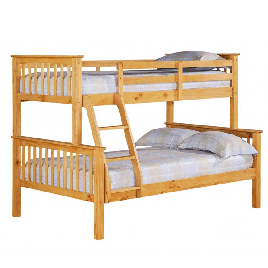 Space-Saving Elegance Oroville Triple Sleeper Bunk Single Top, 4 Foot Bottom Beds - Light Pine Finish