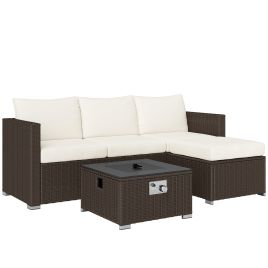 SUNVISTA Five Piece Rattan Garden Furniture Set with Gas Fire Pit Table Brown and Cream White