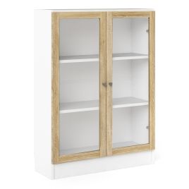 WRAYNE Low Wide Display Cabinet with 2 Shelves and 2 Glass Doors - White with Oak