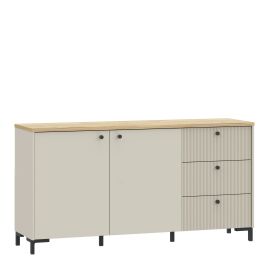 ZENVITE Wide Sideboard with Fluted Drawers and Cupboard - Mauvella Oak with Sand