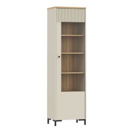 ZENVITE Tall Display Cabinet with Fluted Detail, Door and Open Shelving - Mauvella Oak with Sand