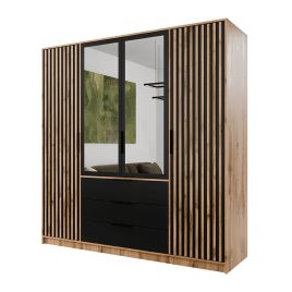 BARNSLEY 4 Door Mirrored Wardrobe with 3 Drawers Medium Oak - 196cm