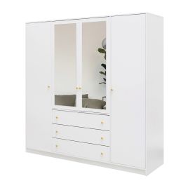 ELVIRO 4 Door Mirrored Wardrobe with 3 Drawers White - 196cm