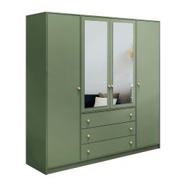 ELVIRO 4 Door Mirrored Wardrobe with 3 Drawers Green - 196cm
