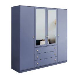 ELVIRO 4 Door Mirrored Wardrobe with 3 Drawers Blue - 196cm