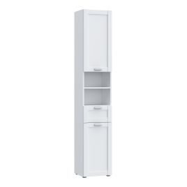 LOKARA Tall Narrow Bathroom Storage Cabinet with 2 Doors and 1 Drawer, Silver Handles - White