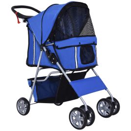 Dog Pram Pet Stroller Dog Pushchair Foldable Travel Carriage with Wheels Zipper Entry Cup Holder Storage Basket Blue