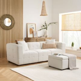 Farlin Luxury Boucle Fabric 3 Seater Sofa With Footstool - White