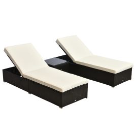 3PC Rattan Sun Lounger Garden Outdoor Wicker Recliner Bed Side Table Set Patio Furniture Dark Coffee
