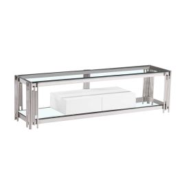 Lesbury Stylish White and Silver TV Unit with Stainless Steel Frame, High Gloss Drawer
