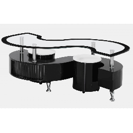 Stoke Black Border Coffee Table with Two Stool Set SStylish High Gloss Drawer and Glass Top