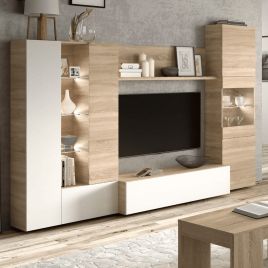Contemporary White and Oak Wall Entertainment Unit with LED Lights