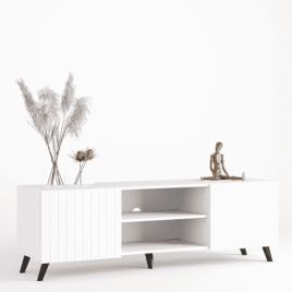 Alan Vertical Grooved Lines Large TV Unit Stand with 2 Doors - Matte White