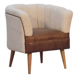 Solid Mango Wood Armchair with Boucle Fabric and Buffalo Hide Leather Seat and Round Feet