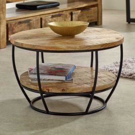 Powell Black Metal Frame Solid Wood Coffee Table With Shelf - Natural Wood
