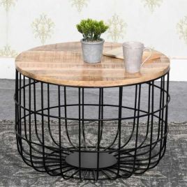 Powell Black Metal Wire Solid Wood Coffee Table With Removable Top - Natural Wood