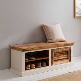 Deacon Solid Mango Wood Shoe Rack Upto 43" - White and Natural Finish