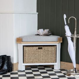 Corner Hall Bench with Wicker Basket Drawer and Cushioned Seat Pad - White