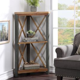 Doyle Elegance Steel Frame Small Corner Bookcase with 2 Shelves - Natural Wood