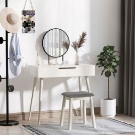 Solid Wooden Legs Vanity Dressing Table Set With Cushioned Stool - White
