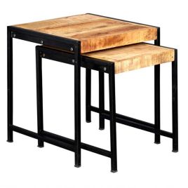 Michelle  Industrial Style Nest of 2 Tables with Natural Hardwood and Iron Edges