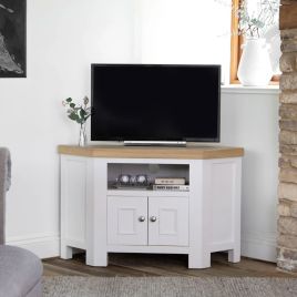 Chunky Oak Corner TV Unit with Soft-Close Doors and Cable Holes - White