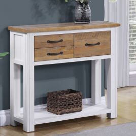 Splatter Reclaimed Wood Small Console Table with 3 Drawer and Open Shelves - White