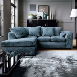Corner Sofa - HENRY Crushed Chenille Fabric 4 Seater L-Shaped Sofa Left Hand Facing - Dark Blue