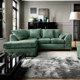 Corner Sofa - HENRY Crushed Chenille Fabric 4 Seater L-Shaped Sofa Left Hand Facing - Rifle Green