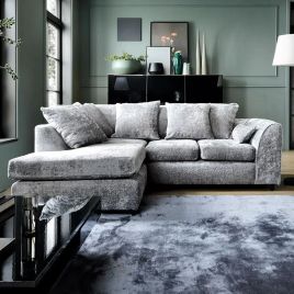 Corner Sofa - HENRY Crushed Chenille Fabric 4 Seater L-Shaped Sofa Left Hand Facing - Light Grey