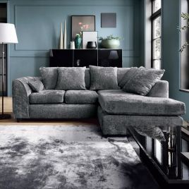 Corner Sofa - HENRY Crushed Chenille Fabric 4 Seater L-Shaped Sofa Right Hand Facing - Dark Grey